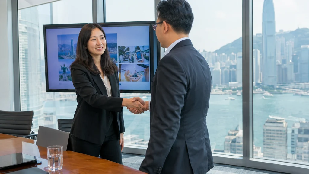 場景圖：香港營銷團隊與客戶開會檢視跨平台廣告成效報表與優化方向