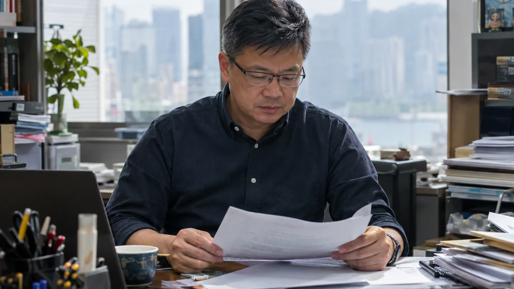 香港中小企辦公室內主管翻閱營運報表的場景