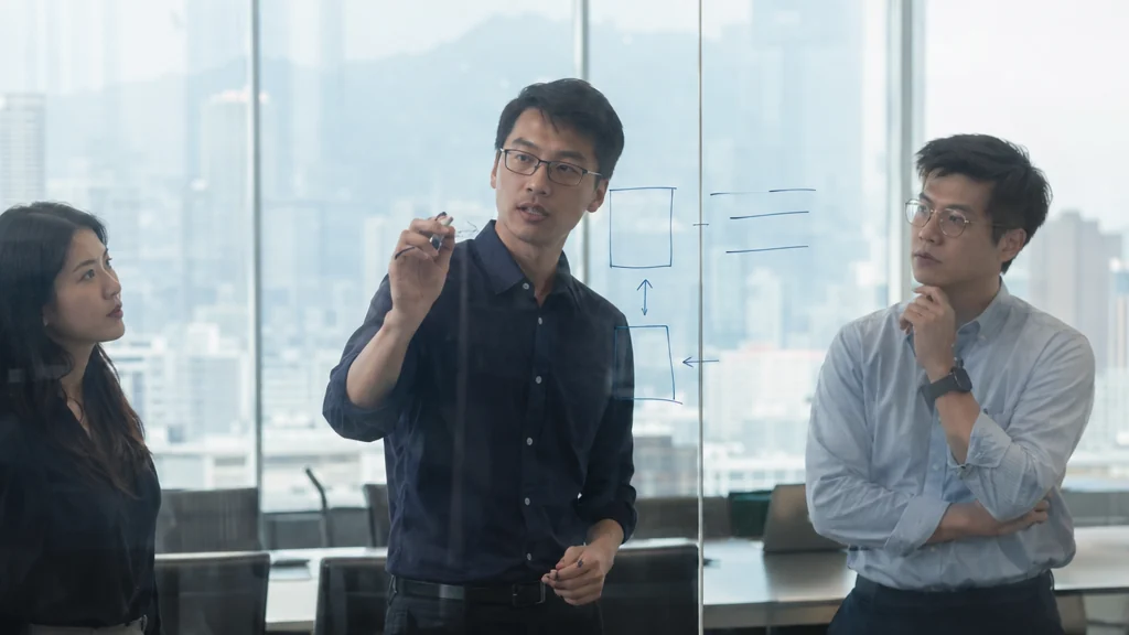 香港管理層在白板上寫下假設與驗證方法的討論場景