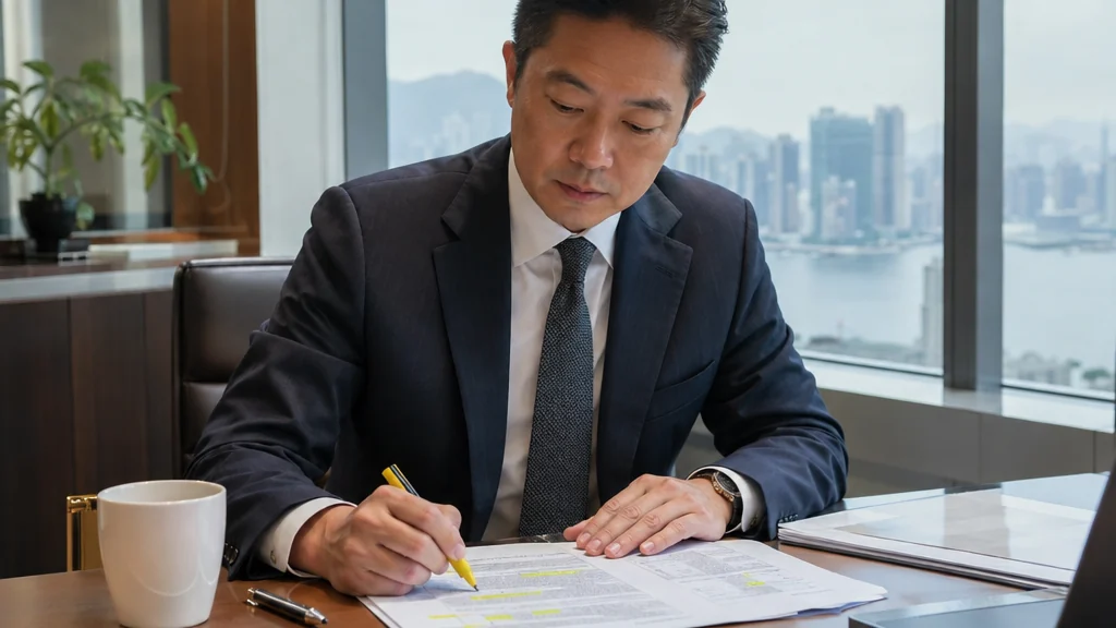 特寫：香港主管的手在印刷的調查摘要上標示數字