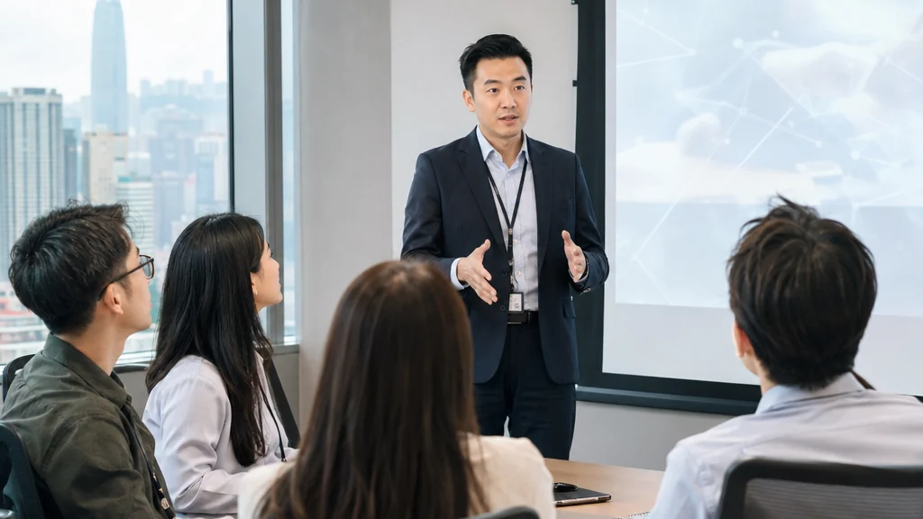 香港公司主管向同事講解內部 AI 使用指引的場景
