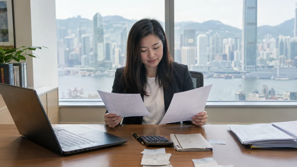 香港會計人員在電腦前比較兩張帳單，桌上有計算機與收據