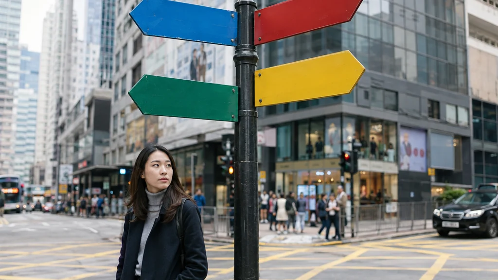 城市中一個四岔路口，四支不同顏色的路牌指向不同方向，行人停下選擇
