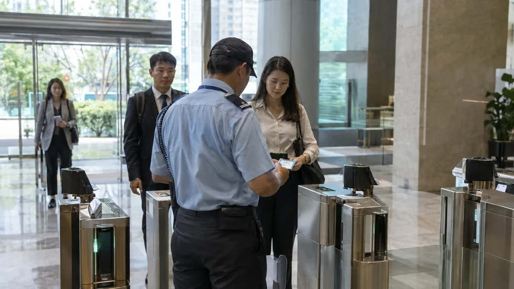 大廈大堂的保安人員在閘口逐一檢查證件，把訪客引導到不同方向