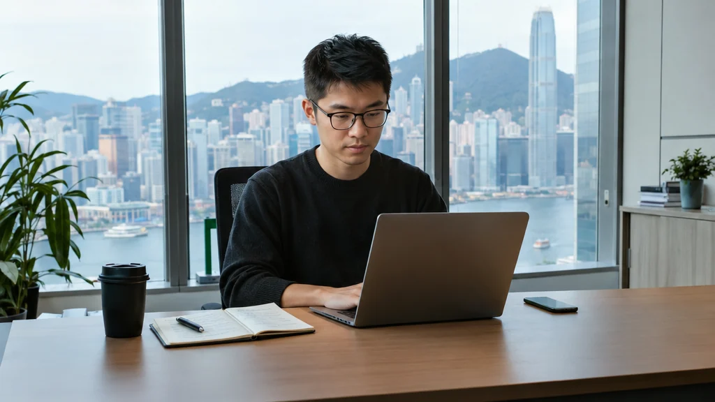 香港軟件開發人員在辦公桌前，手提電腦螢幕顯示一排機率長條，旁邊放著筆記本