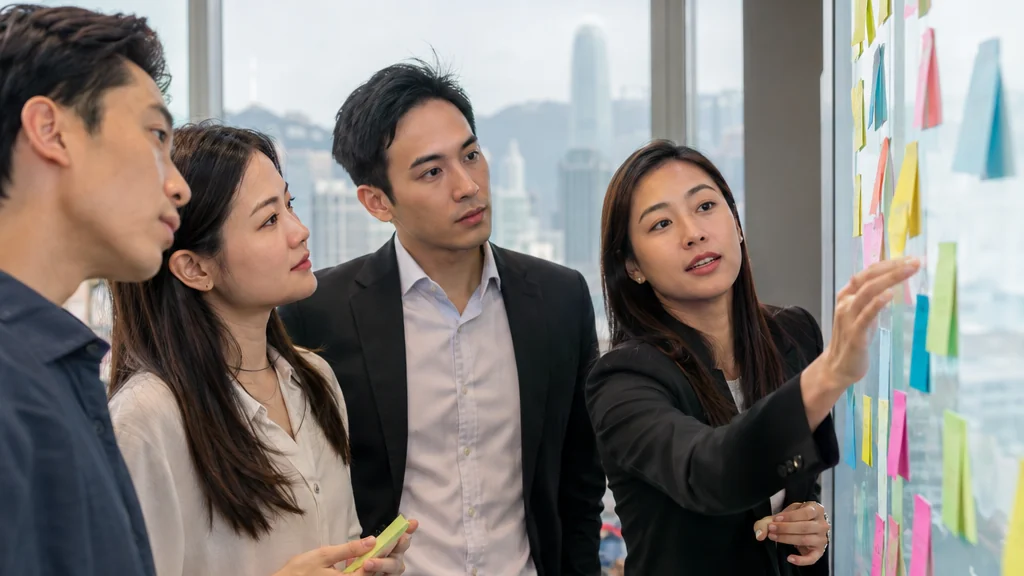 香港辦公室團隊圍著玻璃白板討論流程，板上貼滿不同顏色的便利貼